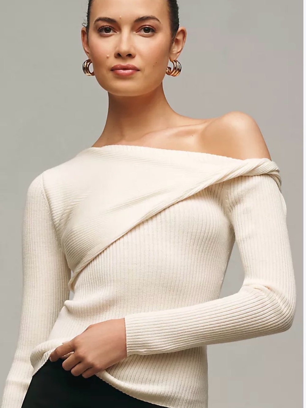 Reformation Off-Shoulder Cream Ribbed Women's Sweater